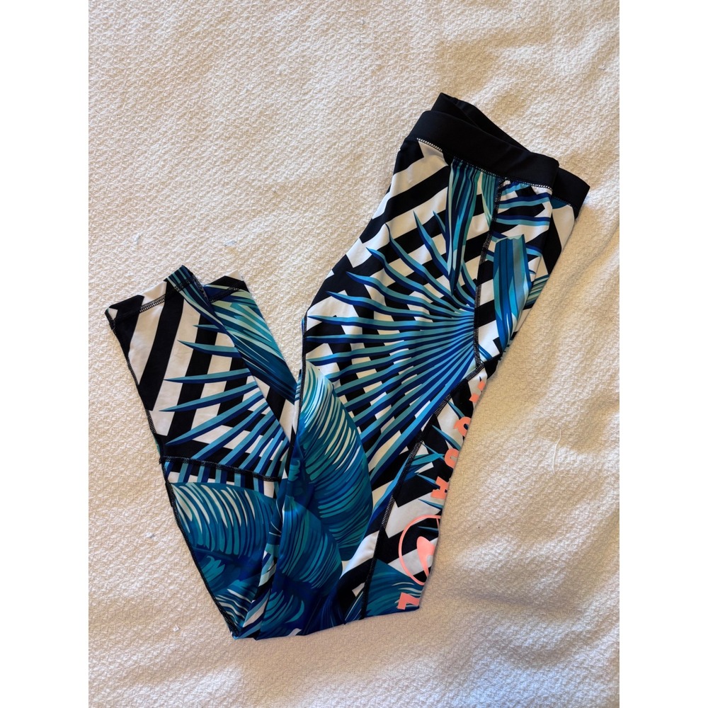 Aqua Lung Womens Tropical Palm Chevron Rash Guard Leggings Blue Black White M